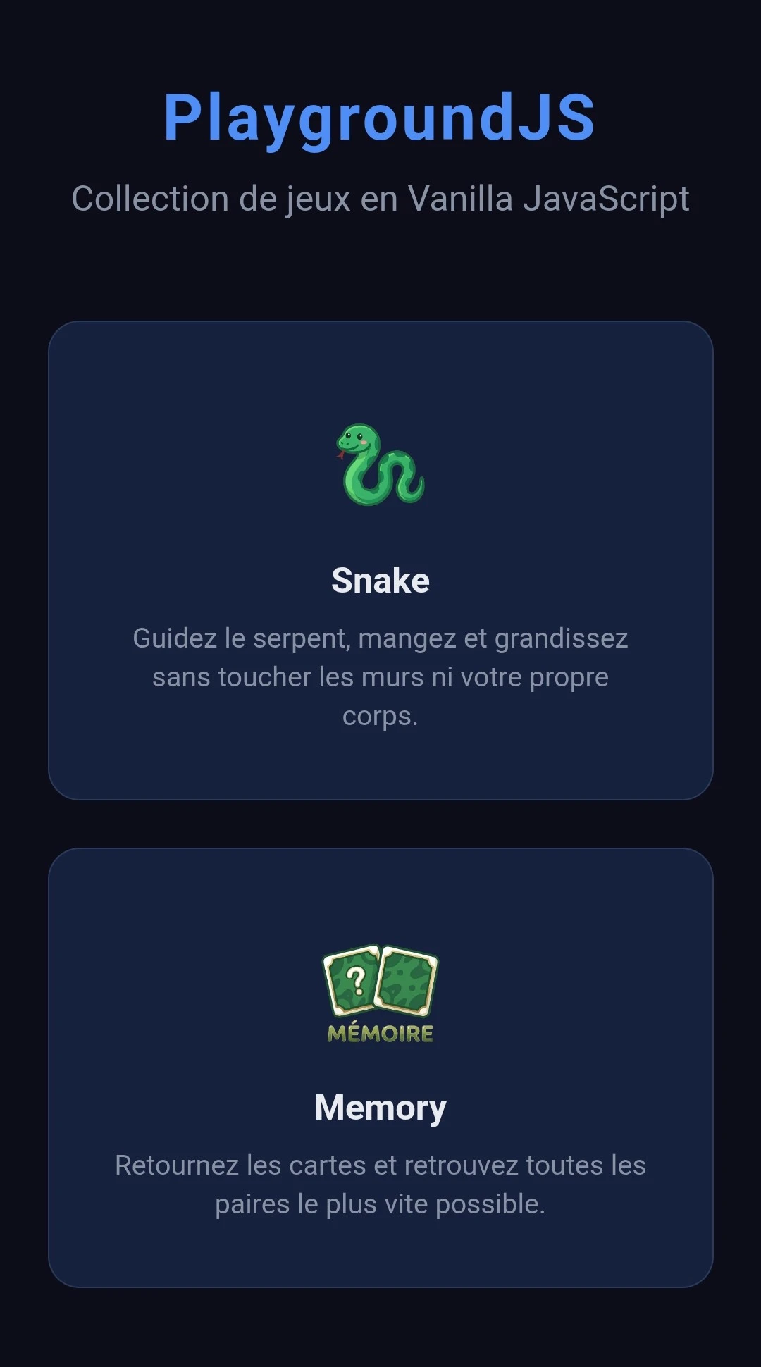 Capture d'écran mobile de PlaygroundJS montrant les jeux Snake et Memory
